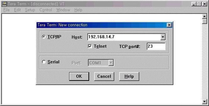 Figure 2-6 Telnet 프로그램설정예제 (TeraTerm Pro) 2) 사용자는 UPSLink의로그인과정을거쳐야하며, 이때사용자이름과암호를입력합니다. 사용자이름및암호의기본설정은 ID : admin, 비밀번호 : admin 입니다. (7.1. 사용자관리에서관련내용을확인하십시오 ).