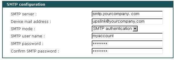 4.4. SMTP configuration 시스템로그메시지의주기적인전자메일전송이나 UPS의경보가발생된경우 UPSLink는 email 통보를통해이를관리자에게알려줄수있습니다. 이를위해서는, 유효한 SMTP 서버의설정이중요합니다.