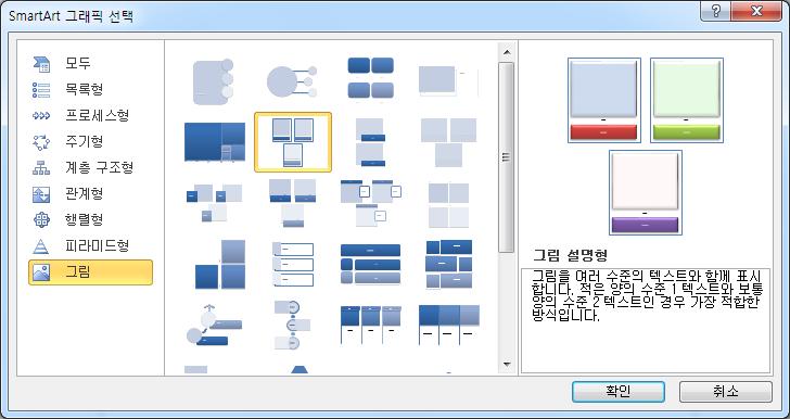 그림 12: SmartArt 그래픽선택대화상자는삽입탭의일러스트레이션그룹에 있습니다. 팁 : SmartArt 그래픽을삽입하면리본메뉴에서 SmartArt 도구 > 디자인및레이아웃탭을사용할수있게됩니다. SmartArt 도구 > 디자인탭에는테마에맞게자동으로조정되는서식효과스타일갤러리와색옵션이있습니다.