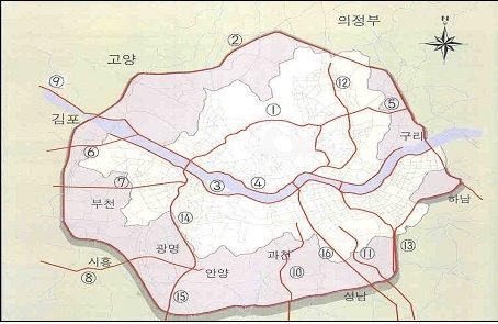 서울도시고속도로 Key-Map 1 2 3 내부순환로외곽순환고속도로올림픽대로 7 8 9 경인고속도로제2경인고속도로자유로 13 14 15 장지~수서고속도로서부간선도로서울~안산간고속도로 4 강변북로 10 의왕 ~ 과천고속도로 16 경부고속도로 5