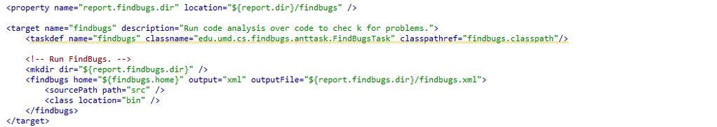 폴더지정 3) 실제 findbugs 가수행되는 <findbugs> 태그 output, outputfile : 결과