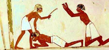 이스라엘자손은고된노동으로말미암아탄식하며부르짖으니 A slave being beaten.