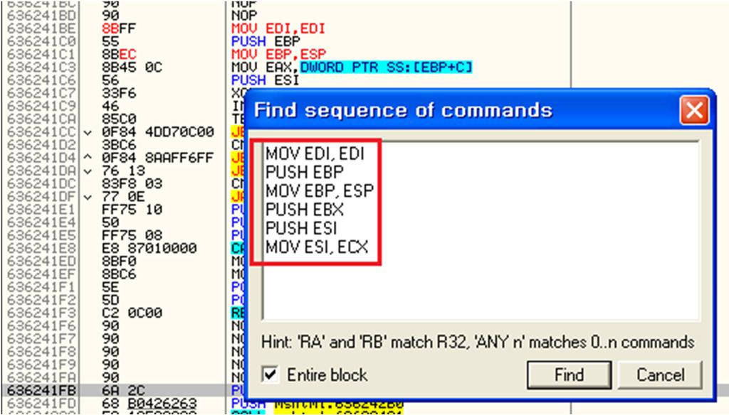 자. [그림 23]에서 확인한 취약점 유발 코드로 가는 호출 명령 ( CALL mshtml.6363fcc4 ) 을 포함하는 함수의 시작점을 mshtml.