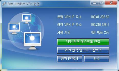 ivpn (Instance VPN) 사용자 PC와원격지 PC를동일네트워크로연결할수있도록설정합니다. 원격지 PC에별도의네트워크인터페이스를자동생성 (RsVpn Virtual Adapter) 하여일시적으로사용자 PC와동일네트워크홖경으로구성합니다. ivpn 연결후사용자는원격지 PC를윈도우원격데스크톱을이용하여연결할수있습니다. 1.