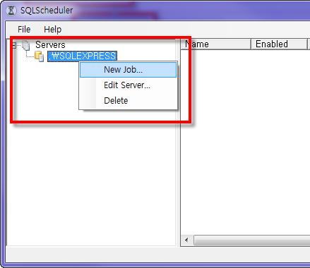SQLScheduler 화면우측영역에서등록한서버항목을마우스오른쪽버튼으 로선택한후 New Job 을선택한다.