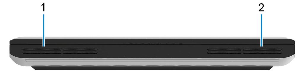 Alienware Area-51m 의모습 전면 1 왼쪽스피커오디오출력을제공합니다. 2 오른쪽스피커오디오출력을제공합니다. 오른쪽 1 USB 3.