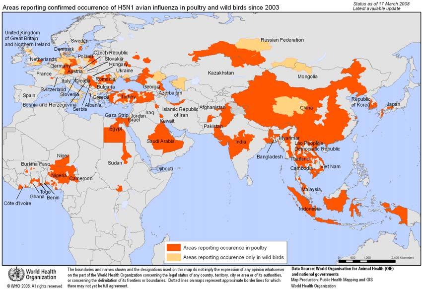 2.2. 해외 HPAI 발생현황 고병원성조류인플루엔자는 2003년이후아시아전역으로확산됨. 중국, 일본등을포함하여아시아지역 14개국에서 HPAI가발생하였으며이중베트남, 태국, 캄보디아, 인도네시아등지에서는 AI의인체감염이확인되었고, 이로인한사망사례도다수보고되었음 (03~08년 3월현재 ).