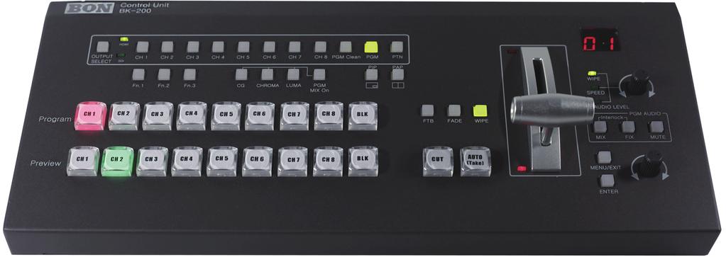 A/V Switcher BK-200 Control Unit BK 시리즈의 Control Unit은 비디오 스위쳐를 제어하는 것으로 조작이 부드럽고 확실한 고 신뢰성의 버튼과 기본적이고 필수적인 제어기능, 3색 LED 조광, 밝기 조절 기능 및 채널 선택 등을 적용하여 사용이 편리한 비디오 스위쳐용 키패드 장치입니다.