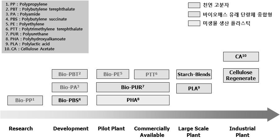 Figure 3. 바이오기반고분자들의발전단계. 자료 : Techno-economic Feasibility of Large Scale Production of Bio-based Polymer in Europe December 2005, European Commission Joint Research Center 는 PTT, PBS, PBAT 등을들수있다.