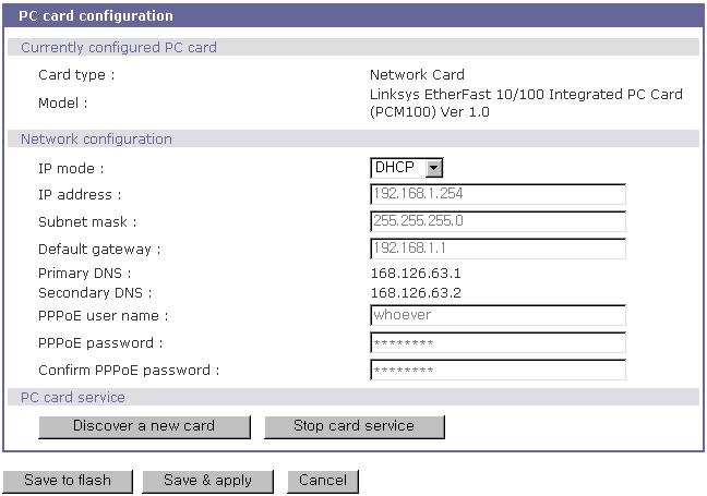 그림 5-3 PC LAN 카드설정 사용자는반드시 PC 랜카드를설정할때 PC 랜카드를선택하고 primary 및 secondary DNS 서버를설정해야합니다. 모든다른설정의단계들은섹션 3.1. IP 설정에자세히설명되어있습니다.