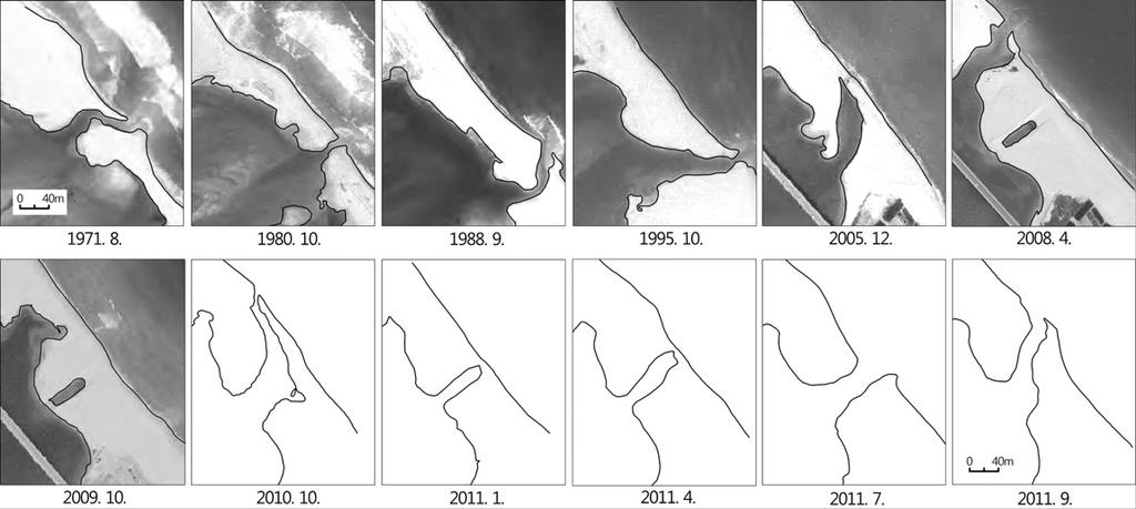 Figure 5. The morphologic changes of Song-cheon river mouth bar from 1971 to 2011.