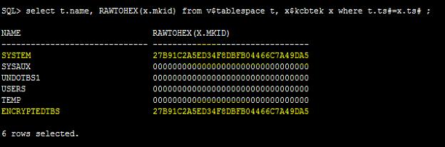 Tablespace Key 는다음질의를사용하여가져올수도있습니다. SQL> select t.name, RAWTOHEX(x.mkid) from v$tablespace t, x$kcbtek x where t.ts#=x.