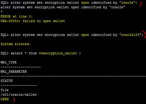 encryption wallet open identified by oracle123 ; 바뀐암호오픈 SQL>