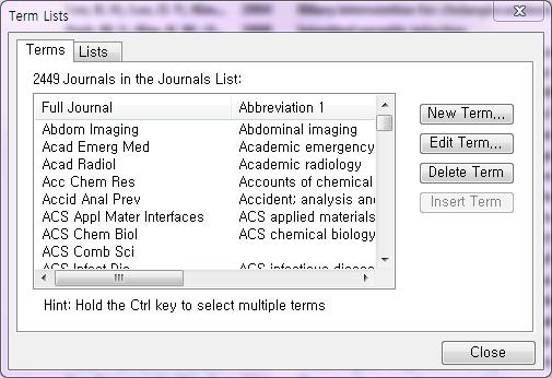 EndNote Library 실행후 Tools Open Term Lists Journals Term Lists