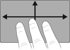 세손가락긋기제스처를사용하여탐색하려면다음과같이하십시오. 1. 터치패드에세손가락을약간떨어뜨린채로놓습니다. 2. 터치패드의한쪽에서반대쪽으로이동하도록손가락을원하는방향으로똑바로계속긋습니다. 3. 사진보기또는인터넷브라우저창에서페이지를앞으로또는뒤로하려면, 손가락을오른쪽또는왼쪽으로민다음손가락을들어올립니다. 슬라이드쇼모드에서세손가락긋기를사용하려면손가락을수직으로밉니다.