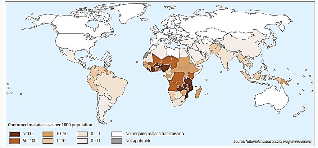 1) 말라리아 (1) 세계적분포 -세계인구의약40% 에달하는 24억인구가말라리아유행지역에살고있으며매년약
