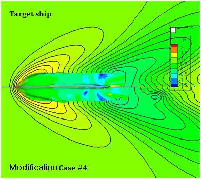 Figure 18 Comparison of the wave height contours between the Target ship and modification case #4 Figure