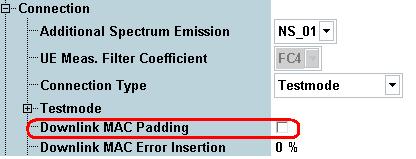 Fig. 293: Deactivating the downlink MAC padding. 9. SRS 측정을 ON/OFF 버튼을눌러활성화시킵니다. 10. RF Reference Power 를 Manual 로설정합니다. Expected Nominal Power 를유효한 SRS 결과를얻을수있도록변경합니다.