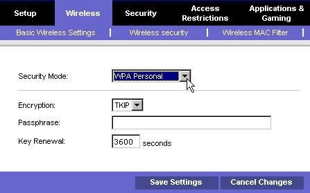STEP 2 - WPA Key 입력하기 Security Mode : WPA Personal 을선택합니다.( 추천설정 ) Encryption : 암호화방식을선택합니다. TKIP 또는 AES 중선택합니다. Windows XP 에서는별도의선택없이각암호화에따라서자동인식됩니다.