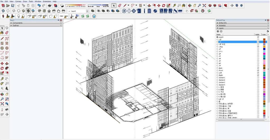 3D 모델링은지상 5층에대해수행하였으며, 건물내보, 바닥, 기둥에대한콘크리트물량을산출하였다. 그림 4는 2D 도면이며, 그림 5는스케치업에도면을추가한것이다. [ 그림 4] 2D 도면 [Fig.