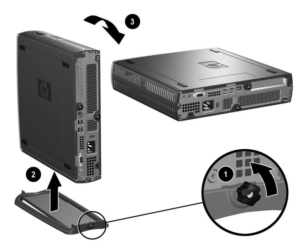 하드웨어업그레이드 3. 미니타워형태로컴퓨터를사용하고있는경우받침대에서컴퓨터를분리합니다. a. 받침대에컴퓨터를고정시키는손잡이나사를풉니다 1. b.