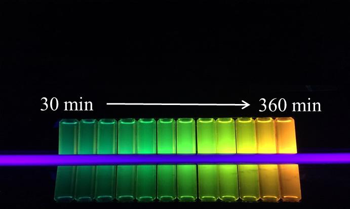 574 유정열 김우석 박선아 김종규 Figure 3. Image of CdTe quantum dot sample in increase synthesis time (from 30 to 360 min) under UV light illumination. Figure 4.