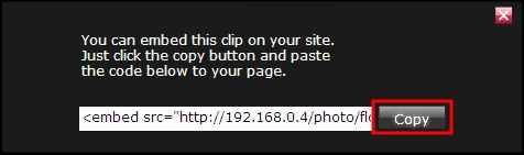 9. 플래시동영상을 Web 에링크하는방법 n 위그림에서 1번클릭후 2번 Embed" 클릭하면옆그림과같은화면이나옵니다. 옆그림에서 Copy" 만누르면클립보드로동영상의 Embed주소가복사가됩니다. n 상위그림에서 3 번항목에보시면 Flash URL 이나와있습니다.