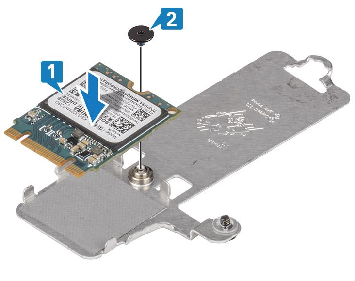 3 SSD의노치를 SSD 슬롯의탭에맞춥니다. 4 탭솔리드스테이트드라이브를솔리드스테이트드라이브슬롯에밀어삽입합니다 [1]. 5 열판을손목받침대및키보드어셈블리에고정하는조임나사를조입니다 [2].