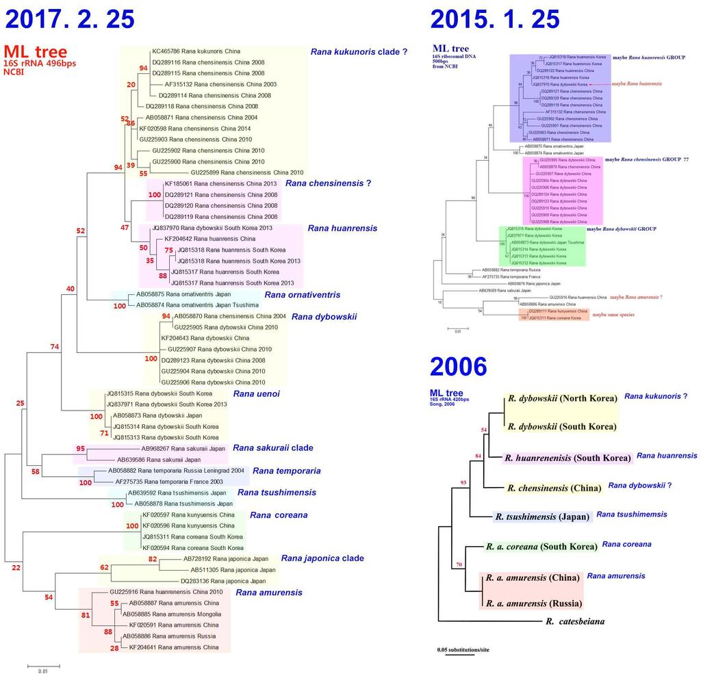 산개구리의 유전자 분석 결과 연구성과 - 2011년에 비해 전국적으로 산란시기가 빨라지는 경향을 보임. - 제주도와 중부지방 사이의 차이가 적어지는 경향을 보임.