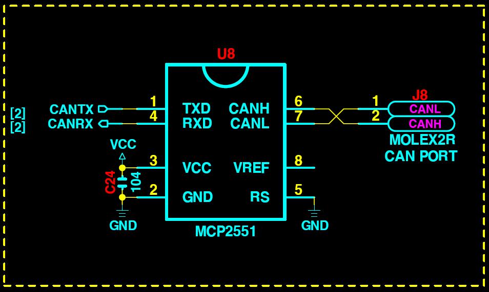 2 Schematic Revision AT90128은 ZigBee에서사용하는 AVR PCB를그대로사용하였다. Tranceiver로는 Microchip의 MCP2551을사용하는데, 회로도에약간의버그를발견하였다. Schematic. MCP2551 회로도를보면 RS(5번 ) 이 GND에물려있고, VREF는 N.C.(Not Connect) 상태로되어있다.