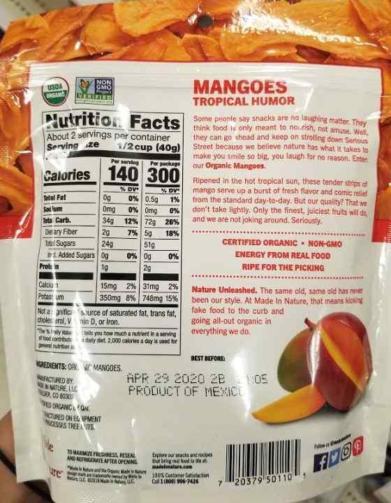 Verified ( 비유전자제조상품 ), Gluten Free( 글루텐프리 ) 제품명 망고스윗탱기슈퍼스낵 (Mangoes Sweet Tangy Supersnacks) 제품제형 반건조과일 제조사 메이드인네이쳐 (Made in Nature,