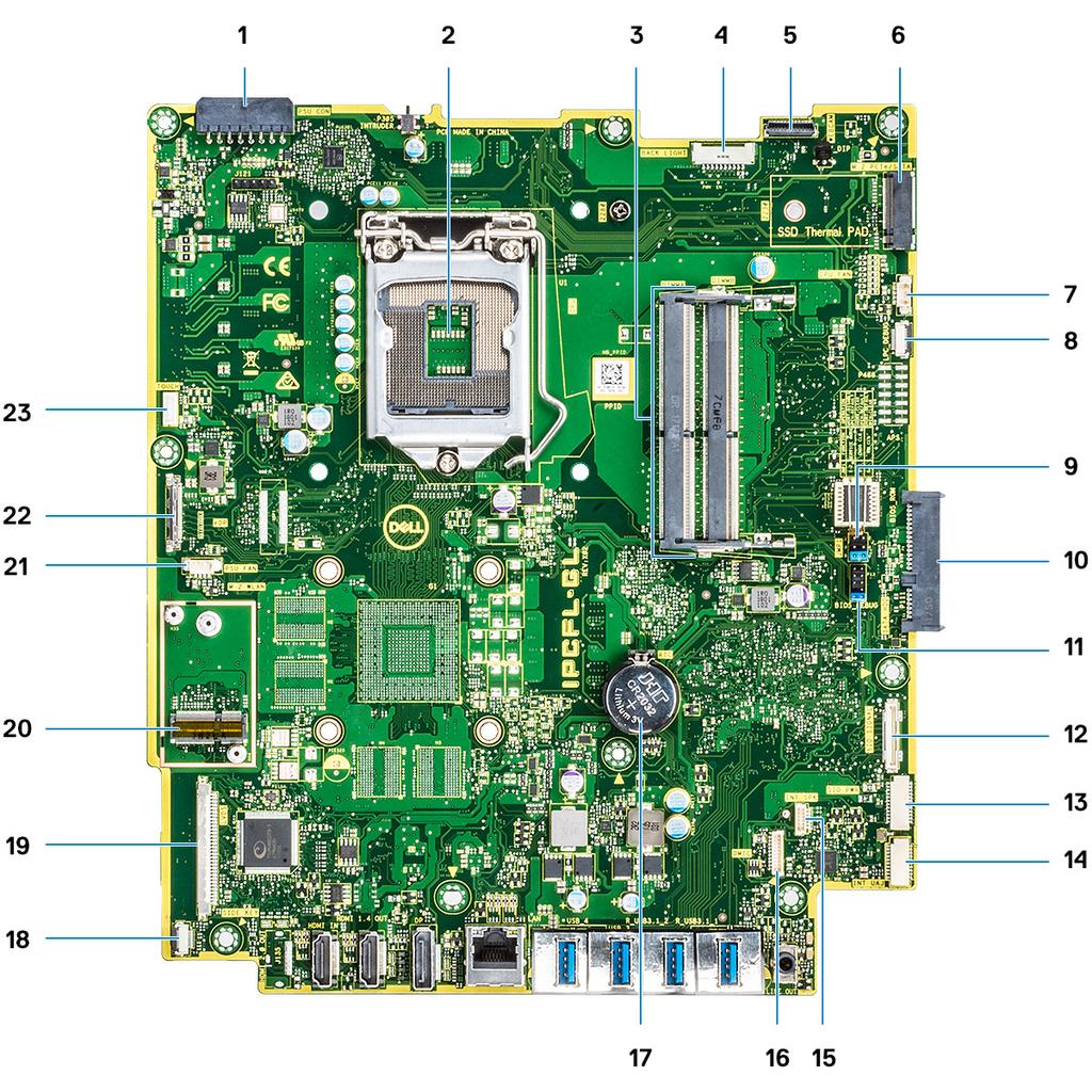 1. PSU 전원커넥터 2. 프로세서 3. 메모리슬롯 4. 백라이트커넥터 5. 웹캠커넥터 6. M.2 PCIe/SATA 슬롯 7. 시스템팬커넥터 8. LPC_Debug 9. 서비스모드점퍼 / 암호지우기점퍼 /CMOS 지우기점퍼 10. SATA HDD 커넥터 11. SPI 헤더 12.