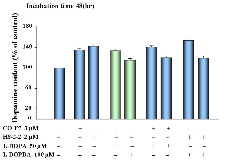 5) C-F7 및 H8-2-2의 L-DPA-유도 dopamine 증가작용에미치는영향 PC12 세포중에 L-DPA(50-100 μm) 를 24 시간전처치하는경우세포내 dopamine 함량은 200-330% 증가하며, 48 시간전처치하는경우에는 135-140% 증가한다 (Fig. 8-7).