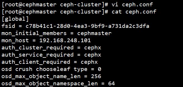- 14-4. 설치및실행 4.7 Create directory and Setup the cluster(2/2) 명령을성공적으로실행하면 ceph.conf 파일이생성된것을확인한후아래와같이 변경및추가 -> vi ceph.