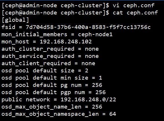 - 41-6. 활용예제 6.9 Create directory and Setup the cluster(2/2) 명령을성공적으로실행하면 ceph.conf 파일이생성된것을볼수있고, 아래와같이변경및추가 -> vi ceph.