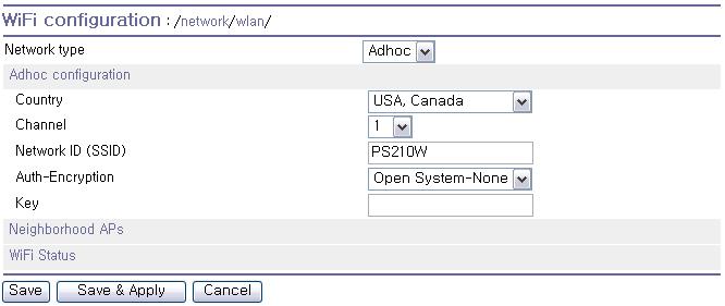 key를공유해야합니다. (DHCP 서버가구동되어있지않은경우에는 Static IP를사용해야합니다.) 그림 3-7 Adhoc 설정 Country 현재사용중인국가를선택합니다.