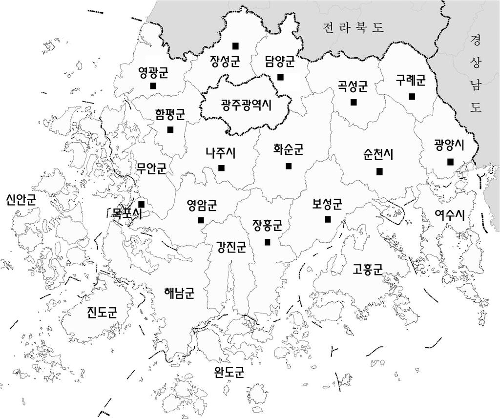 韓資植誌 Korean J. Plant Res. 28(1) : 079~092(2015) Korean Studies, 2012). 많은도서, 넓은평야와주요강으로영산강, 섬진강, 탐진강등이있고, 주요산으로백운산, 조계산, 백아산등이자리한다.