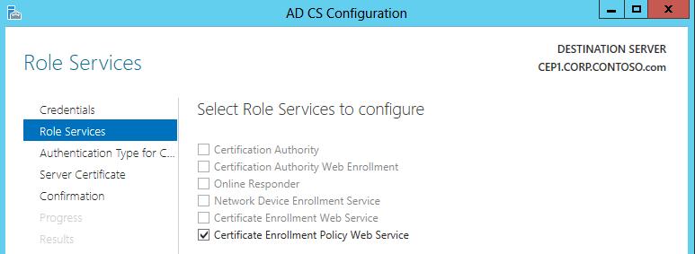 15. Role Services 페이지에서, Certificate Enrollment Policy Web Service 를선택한후, Next 를클릭합니다.