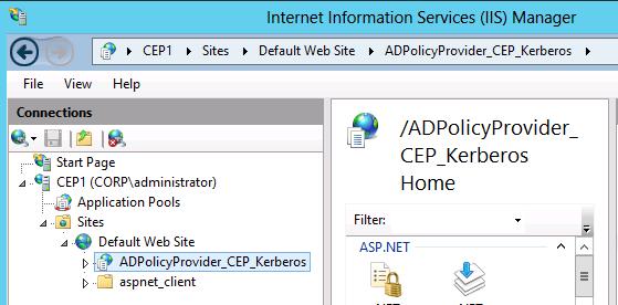 SSL 인증서등록 (on CEP1.CORP.CONTOSO.com) 1. CEP1.CORP.CONTOSO.com 서버에로그인한후, Tools -> Internet Information Service (IIS) Manager 를선택합니다. 2. CEP1를선택한후, 중간창의 Server Certificates를더블클릭합니다. 3.