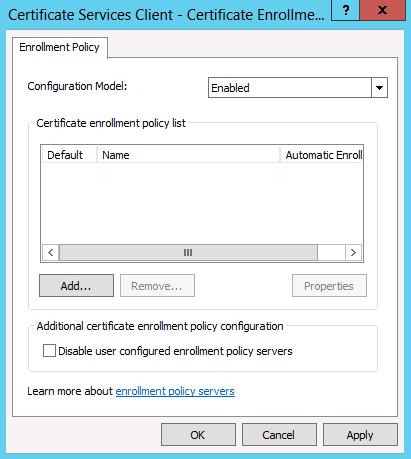 8. Add를클릭한후, 앞서 Exercise 2에서확인했던 CEP URI 값을 Enter enrollment policy server URI 에입력한후, Validate Server 를클릭합니다.