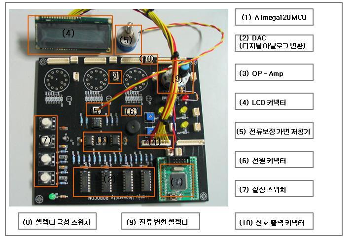 한국산학기술학회논문지제 11 권제 8 호, 2010 (2) DAC(8 비트 ) ATmega128 MCU에서출력되는디지털신호를아날로그신호로변환 (3) OP Amp DAC의출력전류를전압으로변환 (4) LCD 커넥터 LCD 모듈과연결되는커넥터 본미세전류치료기의 PCB기판은연결커넥터를통하여외부케이스에부착된단자들과쉽게연결될수있도록설계되었으며