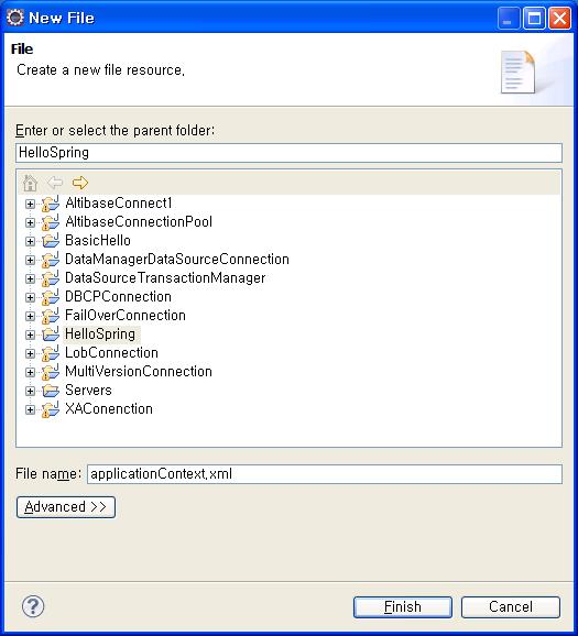 HelloSpring 프로젝트에서마우스오른쪽버튼클릭하여 New File 을클릭한다. File name: 에 applicationcontext.xml 을작성한다. applicationcontext.xml 파일에다음과같이작성한다. <?xml version="1.0" encoding="utf-8"?> <beans xmlns="http://www.