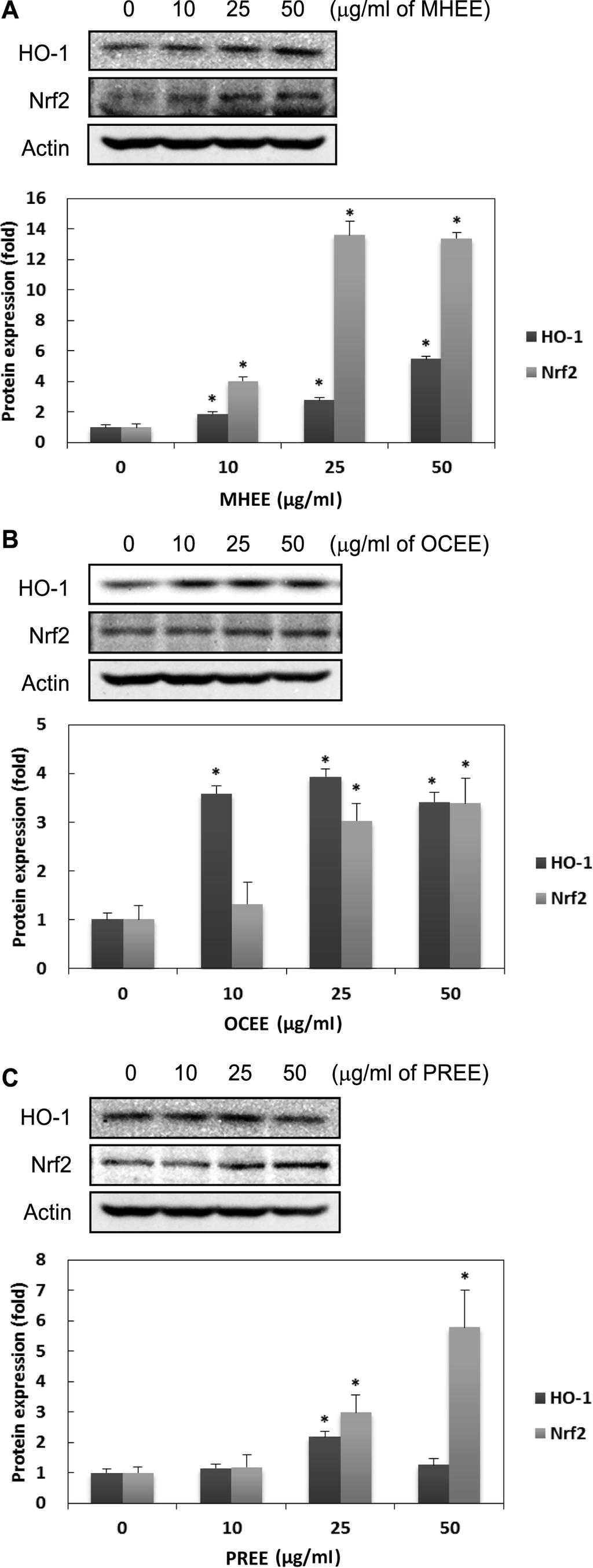 Biological Activities of Three Chinese Plants 279 Fig. 2. Effect of MHEE (A), OCEE (B), and PREE (C) on LPSinduced ROS scavenging activity in RAW 264.7 cells.
