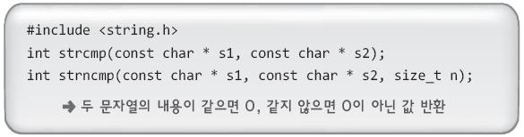 문자열을비교하는함수들 : strcmp, strncmp strncmp 는최대 n 개의문자를비교 크고작음은아스키코드값을근거로한다.