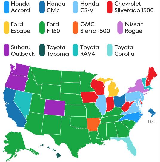 2. 주별로선호차종구분확연 미국은주별로선호차종이구분되어있다고볼수있다. 비도심지역은픽업트럭, 도심지역은승용및소형 SUV 판매의주요수요처이다.