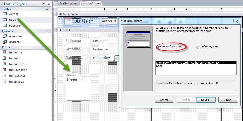 12. Modify the Author form (frmauthor) to add Add Book button. a) Open frmauthor in Design View and drag the Book table from Navigation Pane to the form.