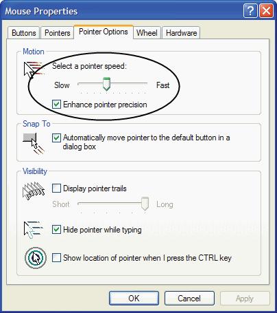 2. Windows XP / Windows Server 2003: a) 마우스속성대화상자를여십시오. ( 제어판 마우스 ) b) 포인터옵션탭을클릭하십시오. c) 마우스속도를중간위치에설정하십시오. ( 왼쪽에서 6번째 ) d) 포인터정확도향상을사용하지않도록하십시오. 3. Windows ME: 마우스속도를중간위치에설정하십시오.