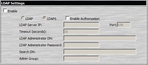 CC 관리설정 CC(Control Center) 서버를통해 kn1000 의승인을허용하려면, Enable 을체크하고 CC 서버의 IP 주 소와적절한필드에있는포트를입력합니다. LDAP 설정 외부프로그램을통해 kn1000이로그인인증및승인을허용하도록합니다.